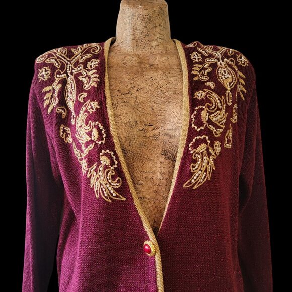 Vintage 90S Y2K Jaclyn Smith Petite Burgundy Cardigan Embroidery & Pearls Accent - Picture 3 of 14